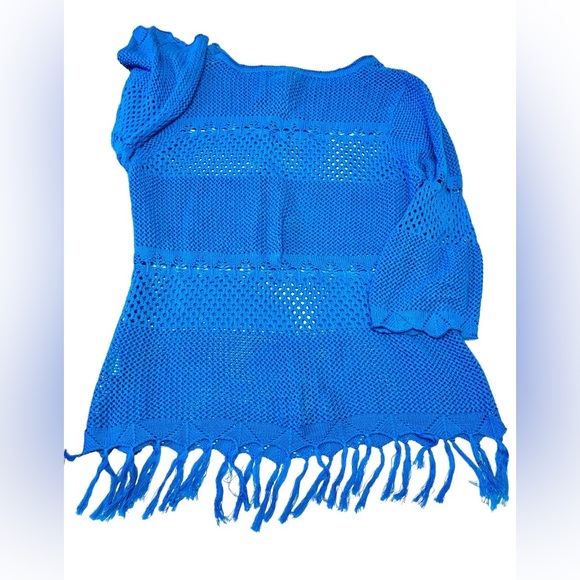 Joseph A Women's Blue Mesh Knit Top Size XL New Boho Peasant Fringed Turquoise - Picture 5 of 7